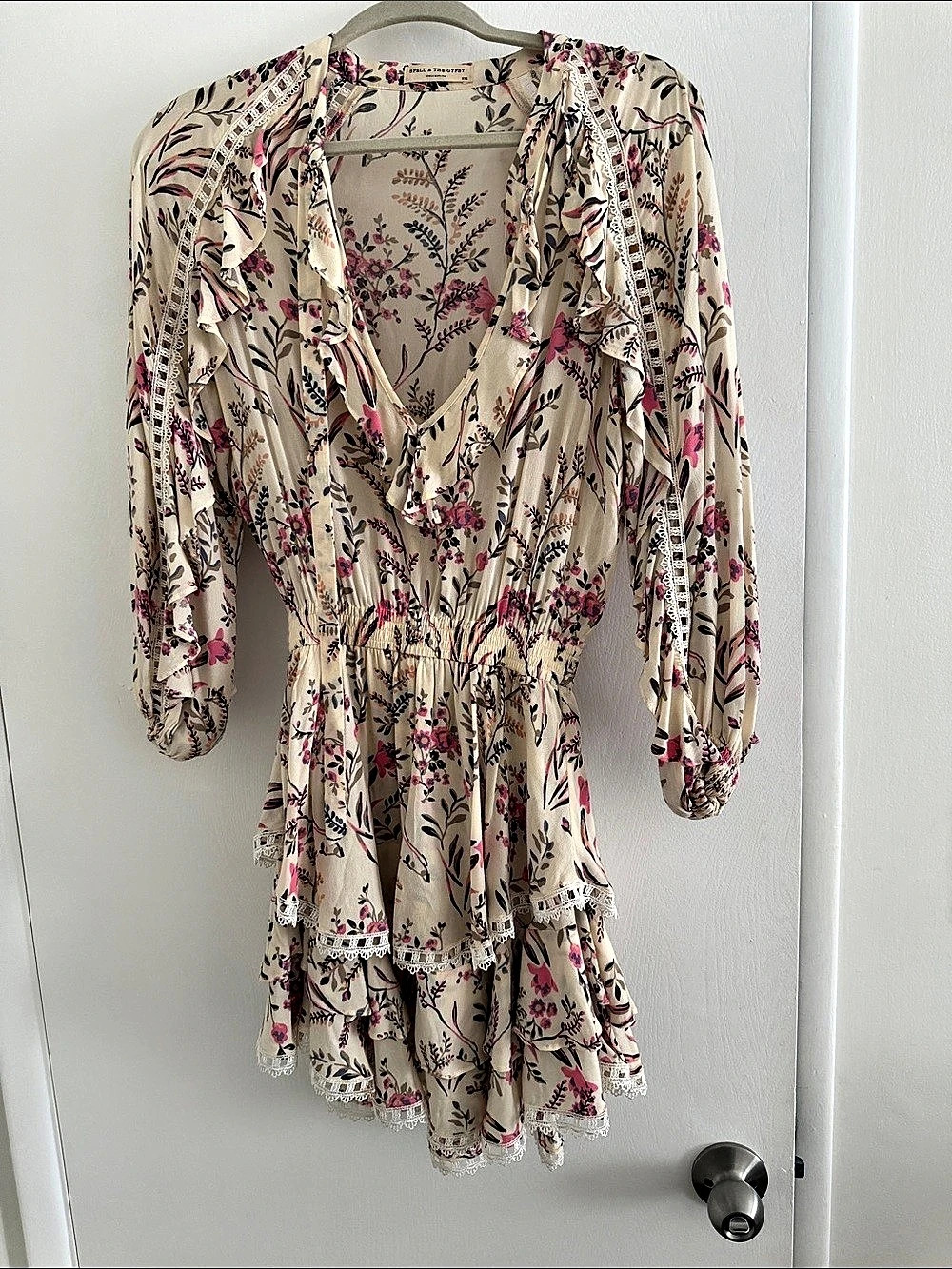 Spell & The Gypsy Collective Floral Ruffle Mini Dress Cream & Pink XXS Like New